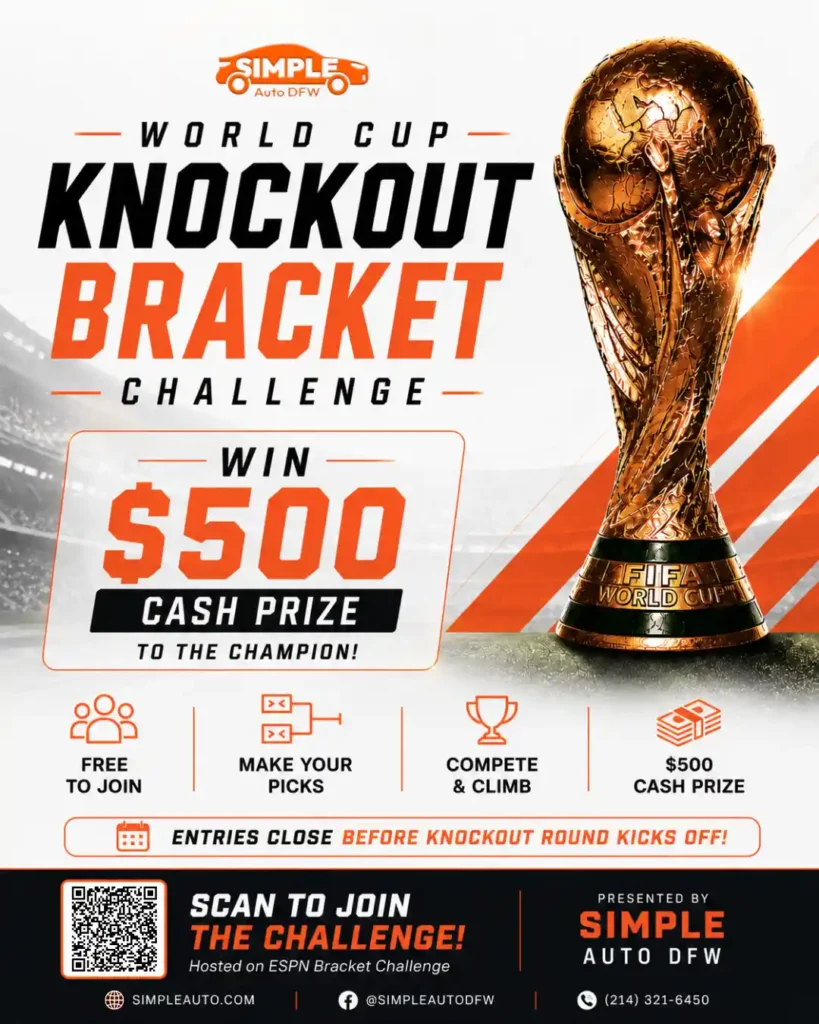 Promotional poster for World Cup Knockout Bracket Challenge with a gold trophy and 0 cash prize.